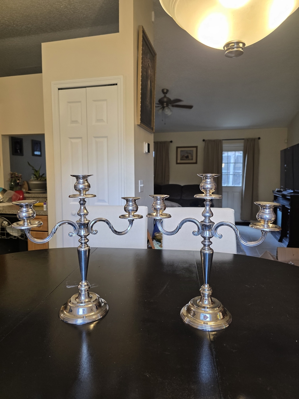 Source Unknown Silver Three-Arm Candelabra Pair